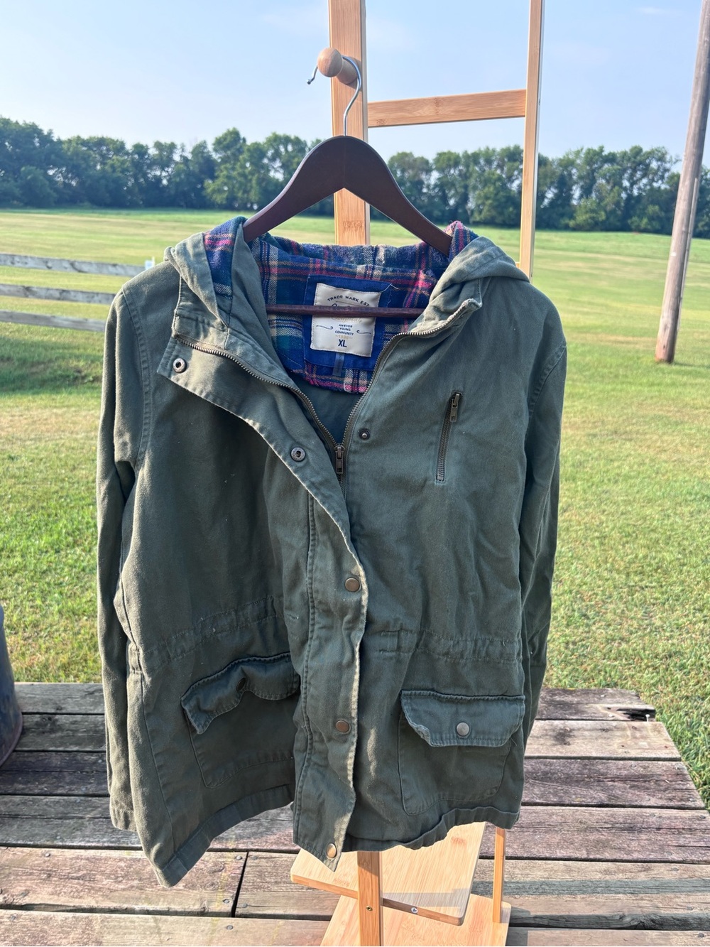 Ci Sono Olive Green Plaid-Lined Utility Field Jacket Hooded - XL